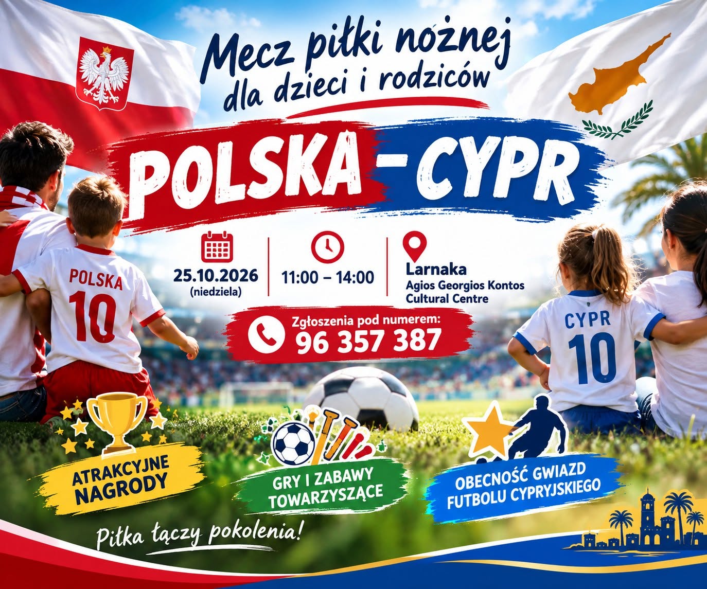 Plakat rodzinnego spotkania piłkarskiego organizowanego przez Afrodyta.pl w Larnace, 25 października 2026 roku