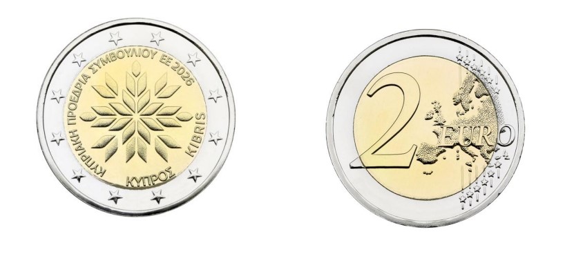 Obie strony cypryjskiej monety okolicznościowej 2 euro z okazji prezydencji w Radzie UE w 2026 roku