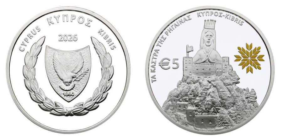 Srebrna cypryjska moneta kolekcjonerska 5 euro Zamki Rigainy, wydana z okazji prezydencji w Radzie UE w 2026 roku